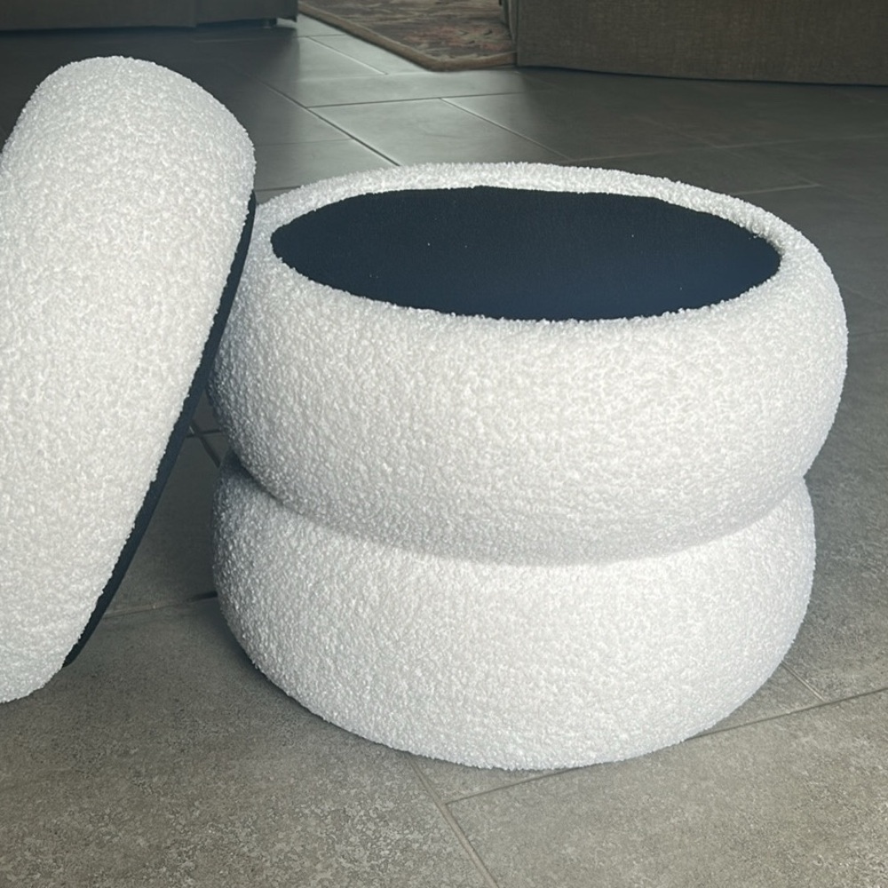 White Textured Round Pouf Ottoman